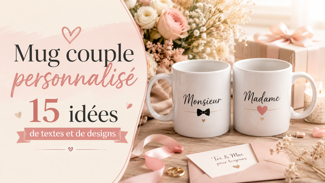 Deux mugs personnalisés pour couple avec prénoms, date et message amoureux