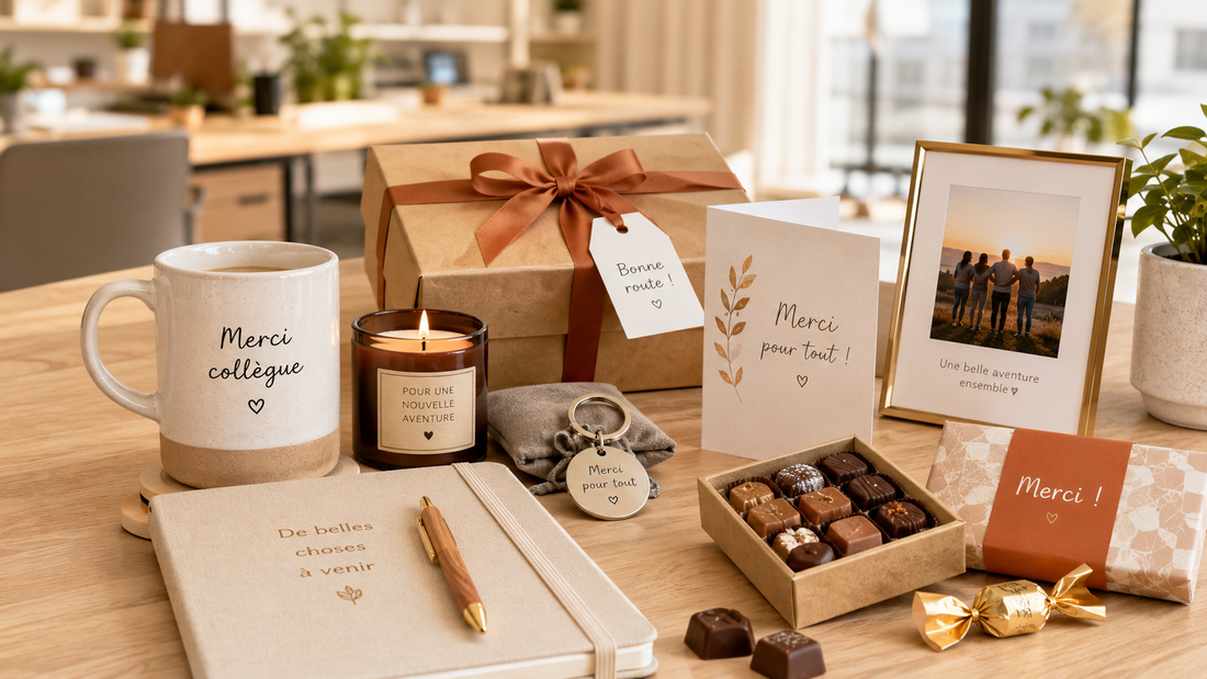 Sélection de cadeaux personnalisés pour le départ d’un collègue avec mug et carte d’équipe