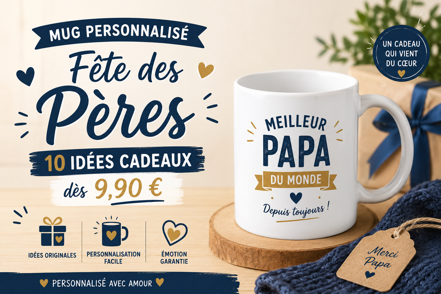 Mugs personnalisés pour la fête des pères avec photo, prénom et message pour papa