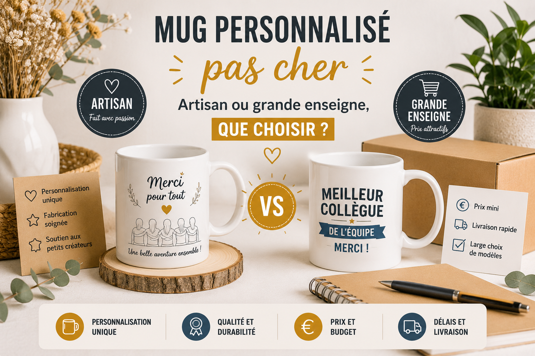 Comparaison entre un mug personnalisé artisanal et un mug vendu par une grande enseigne