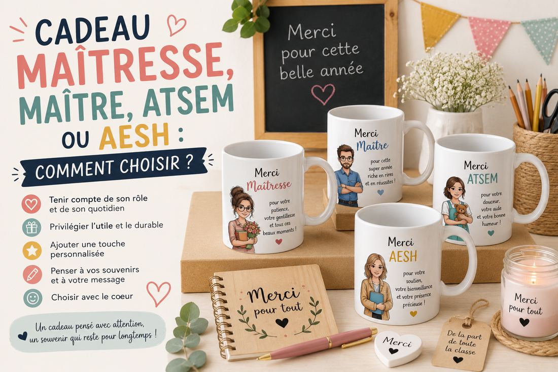 Mugs personnalisés pour maîtresse, maître, ATSEM et AESH en cadeau