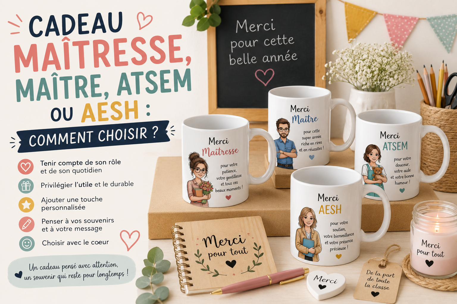 Mugs personnalisés pour maîtresse, maître, ATSEM et AESH en cadeau