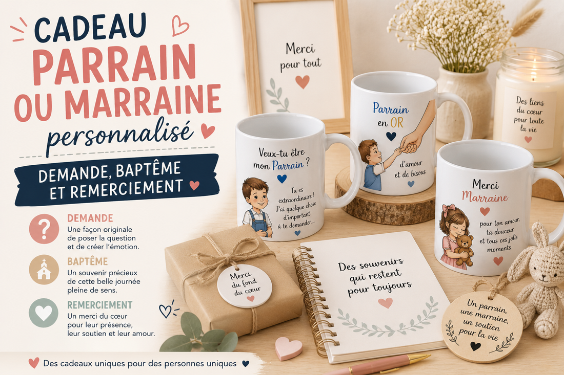 Mugs personnalisés pour une demande de parrain ou marraine et un baptême