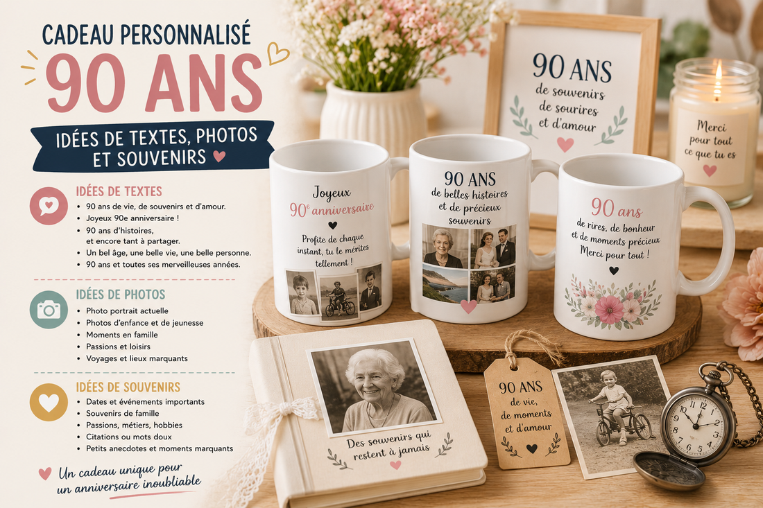 Mug personnalisé pour un anniversaire de 90 ans avec photo, prénom et message souvenir