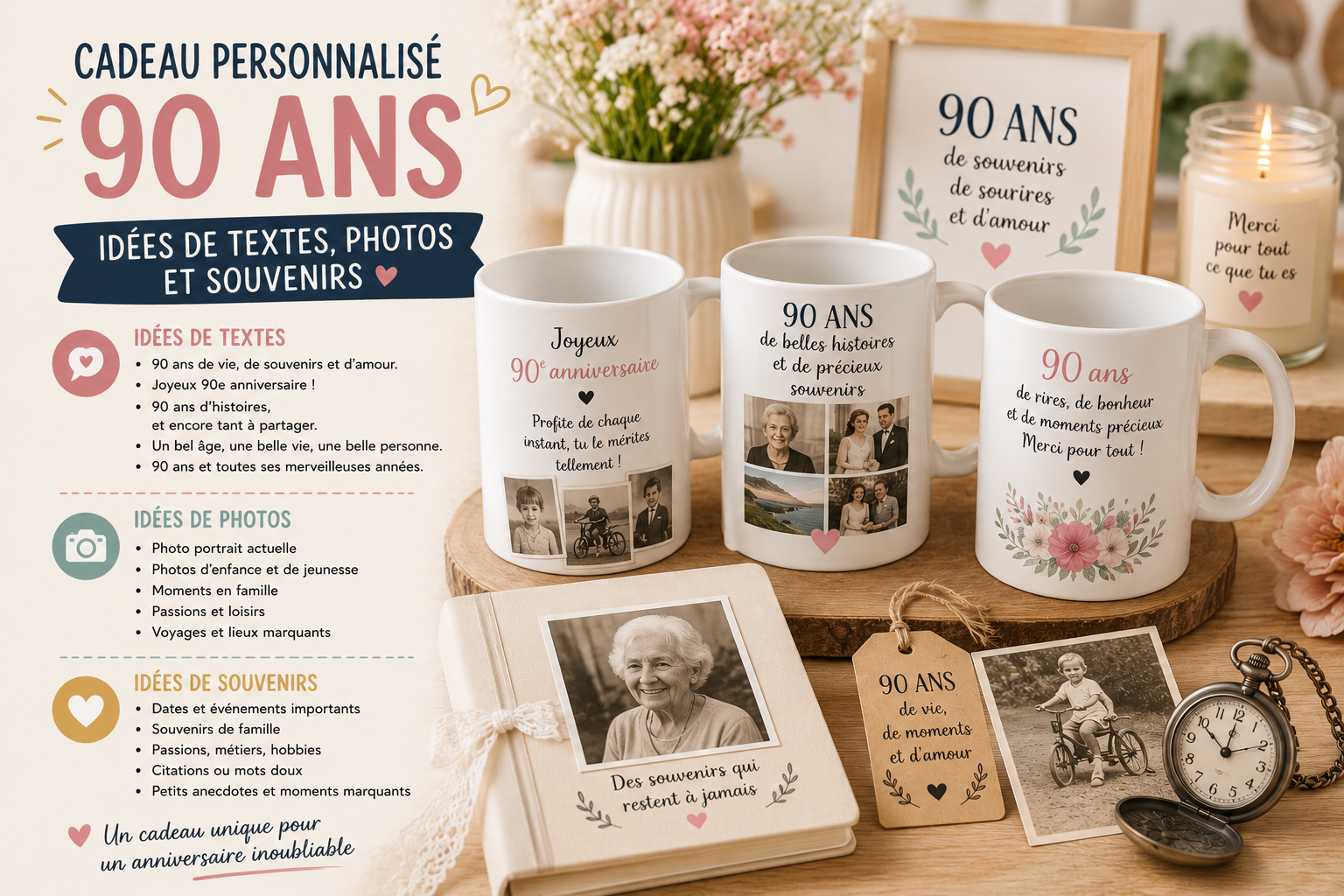 Mug personnalisé pour un anniversaire de 90 ans avec photo, prénom et message souvenir
