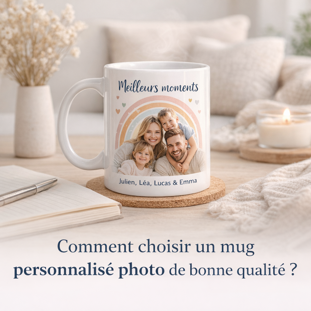 Mug blanc personnalisé avec photo de famille posé sur une table claire dans un intérieur lumineux
