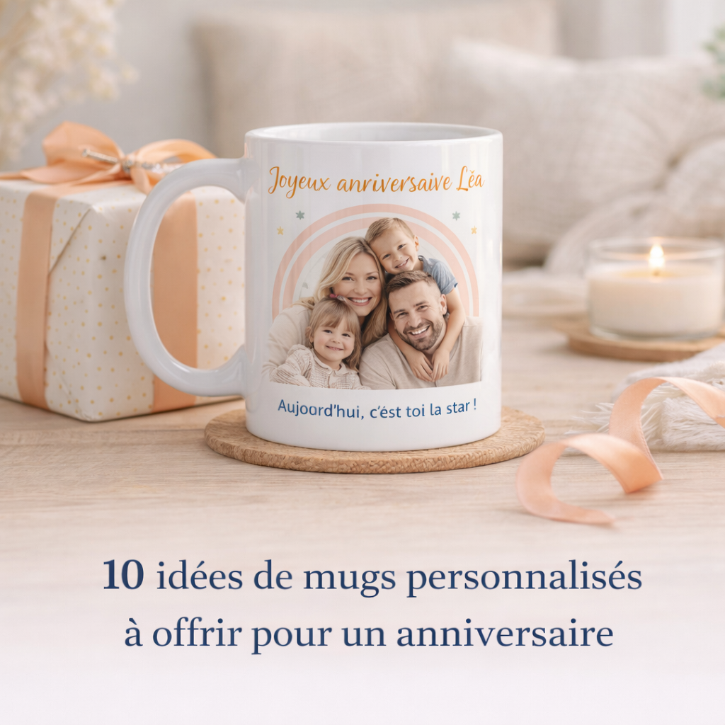 Mug blanc personnalisé avec photo de famille posé sur une table claire dans un intérieur lumineux
