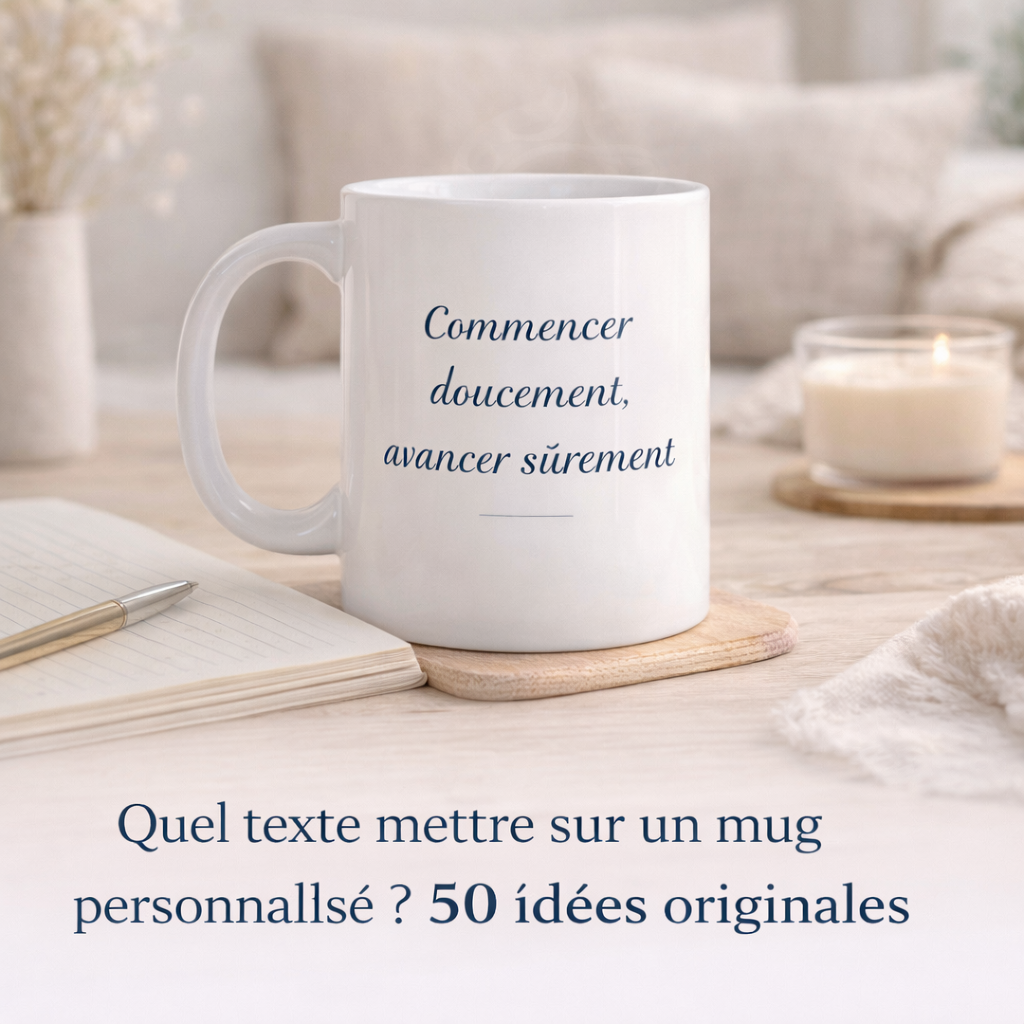 Mug blanc personnalisé avec texte court élégant posé sur une table claire dans un intérieur lumineux