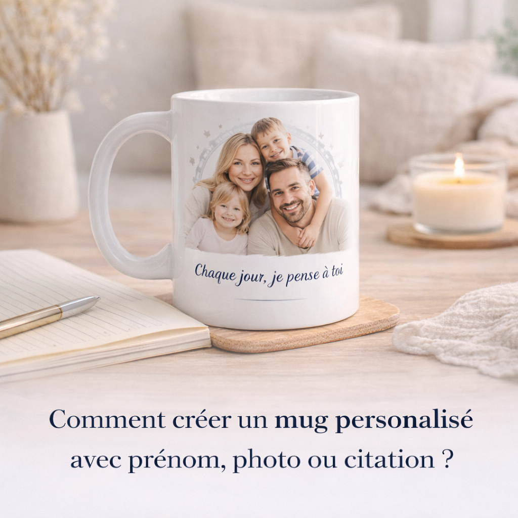 Mug blanc personnalisé avec photo de famille et citation posé sur une table claire dans un intérieur lumineux