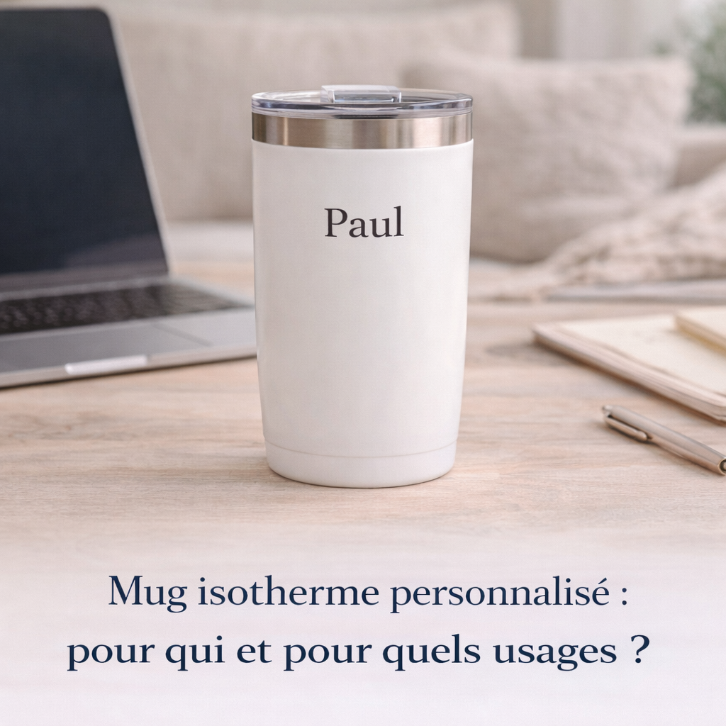 Mug isotherme blanc personnalisé avec prénom posé sur un bureau clair avec carnet et ordinateur