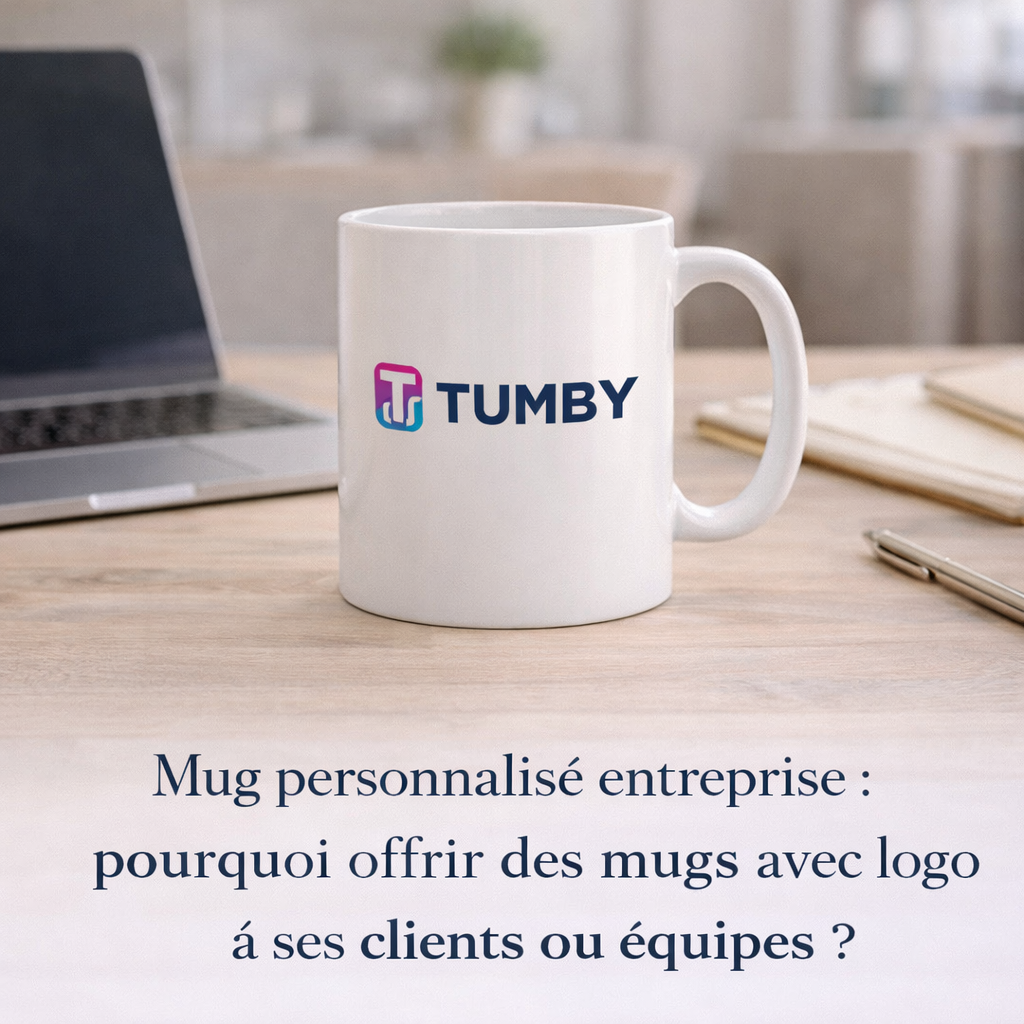 Mug blanc personnalisé avec logo d’entreprise posé sur un bureau clair avec ordinateur et carnet