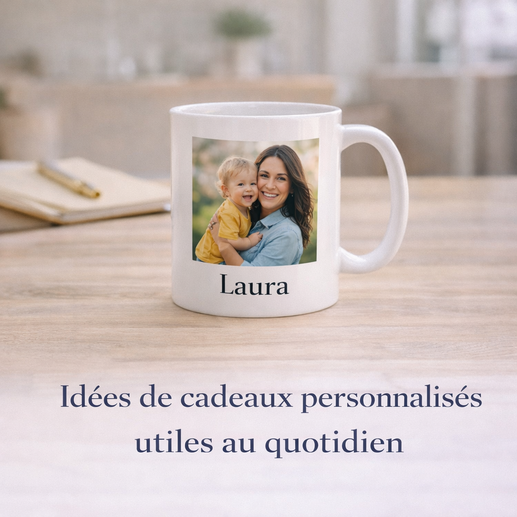 Mug blanc personnalisé avec photo et prénom posé sur une table claire dans un intérieur lumineux