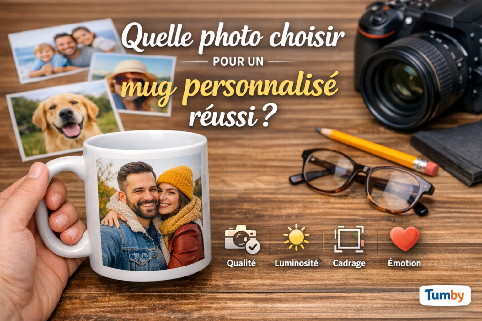 Mug personnalisé avec photo de couple, entouré de tirages photo et d’un appareil photo sur une table en bois