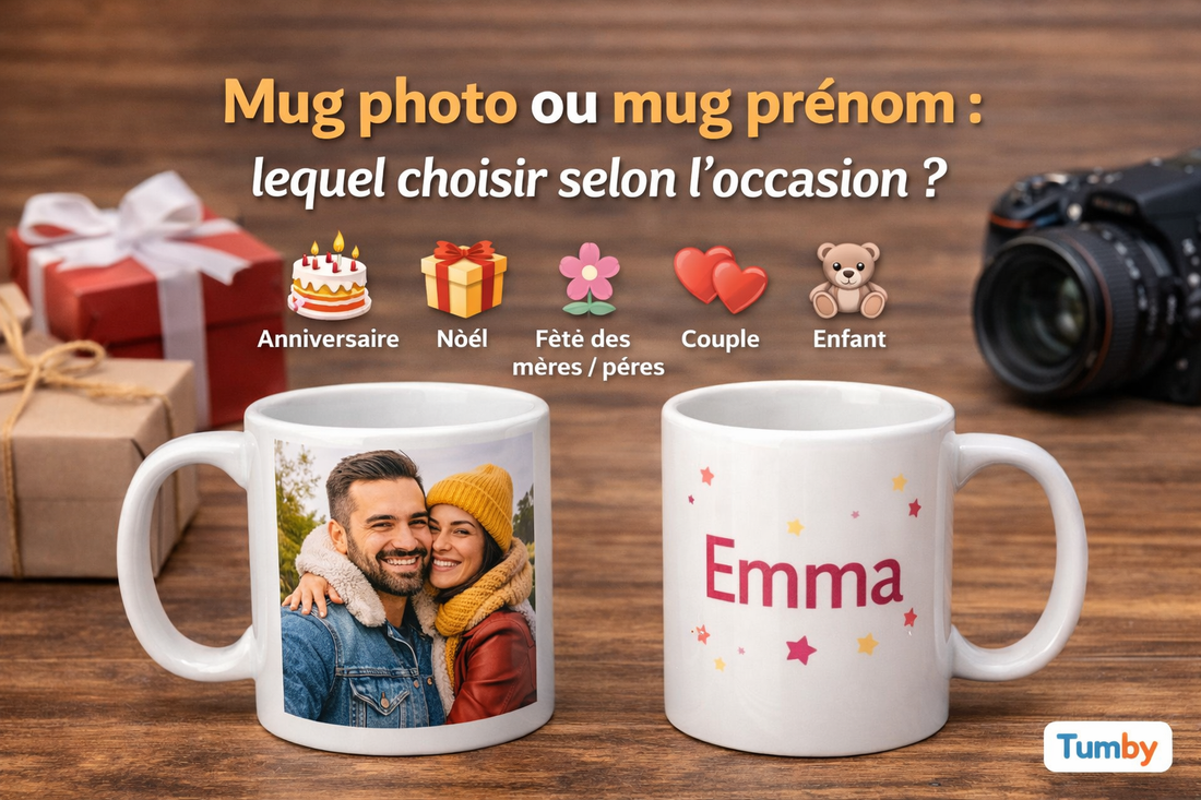 Deux mugs personnalisés posés sur une table en bois : un mug photo avec portrait de couple et un mug prénom Emma, avec des pictogrammes pour anniversaire, Noël, fête des mères et des pères, couple et enfant