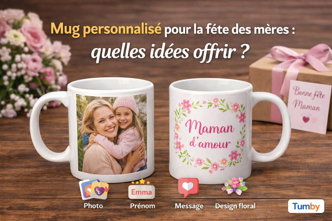 Deux mugs personnalisés pour la fête des mères posés sur une table en bois : un mug photo avec une maman et son enfant, et un mug fleuri avec l’inscription Maman d’amour, près d’un cadeau et d’une carte Bonne fête Maman