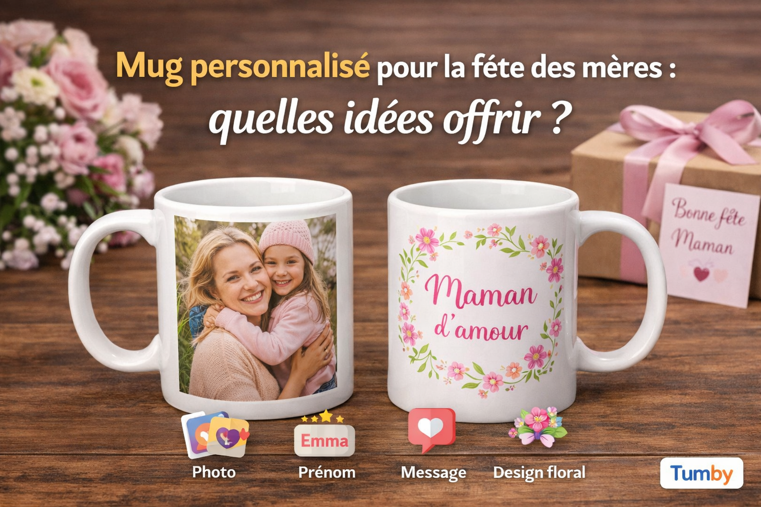 Deux mugs personnalisés pour la fête des mères posés sur une table en bois : un mug photo avec une maman et son enfant, et un mug fleuri avec l’inscription Maman d’amour, près d’un cadeau et d’une carte Bonne fête Maman