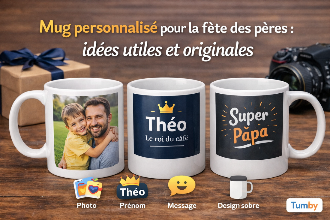 Trois mugs personnalisés pour la fête des pères posés sur une table en bois : un mug photo avec un père et son enfant, un mug prénom Théo Le roi du café et un mug Super Papa, avec un cadeau et un appareil photo en arrière-plan