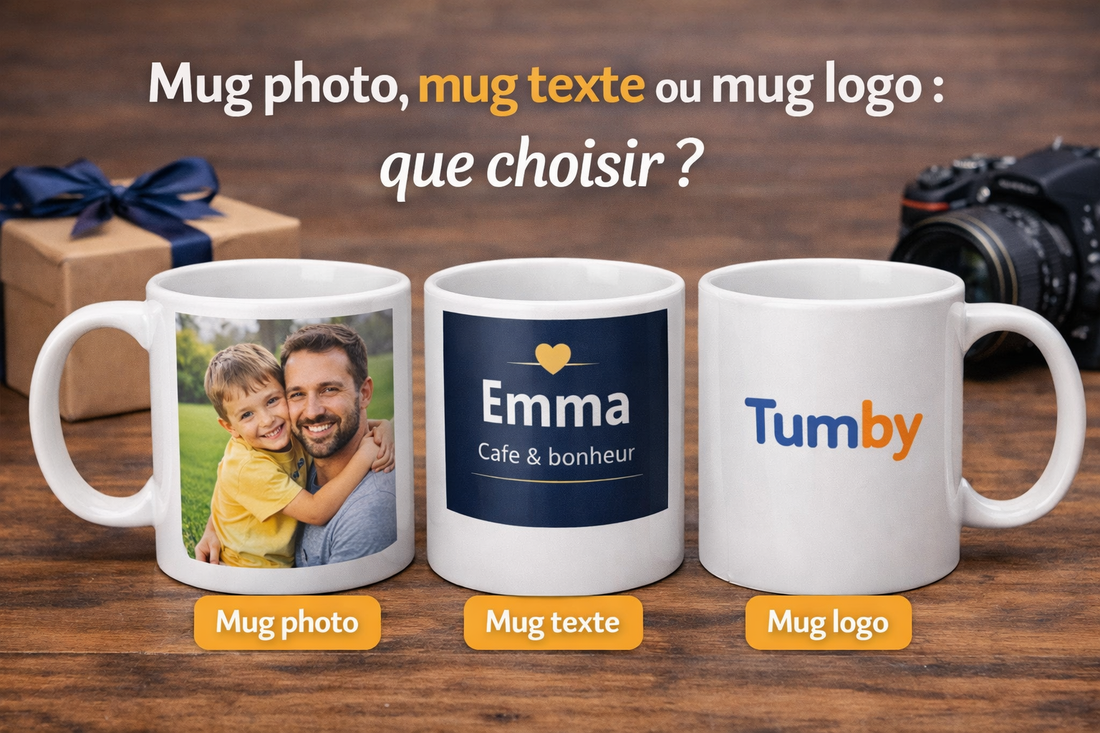 Trois mugs personnalisés alignés sur une table en bois : un mug photo avec un père et son enfant, un mug texte Emma Café & bonheur et un mug logo Tumby