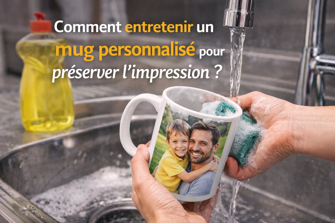 Mug personnalisé avec photo lavé à la main sous un robinet, avec une éponge et de l’eau savonneuse dans un évier de cuisine