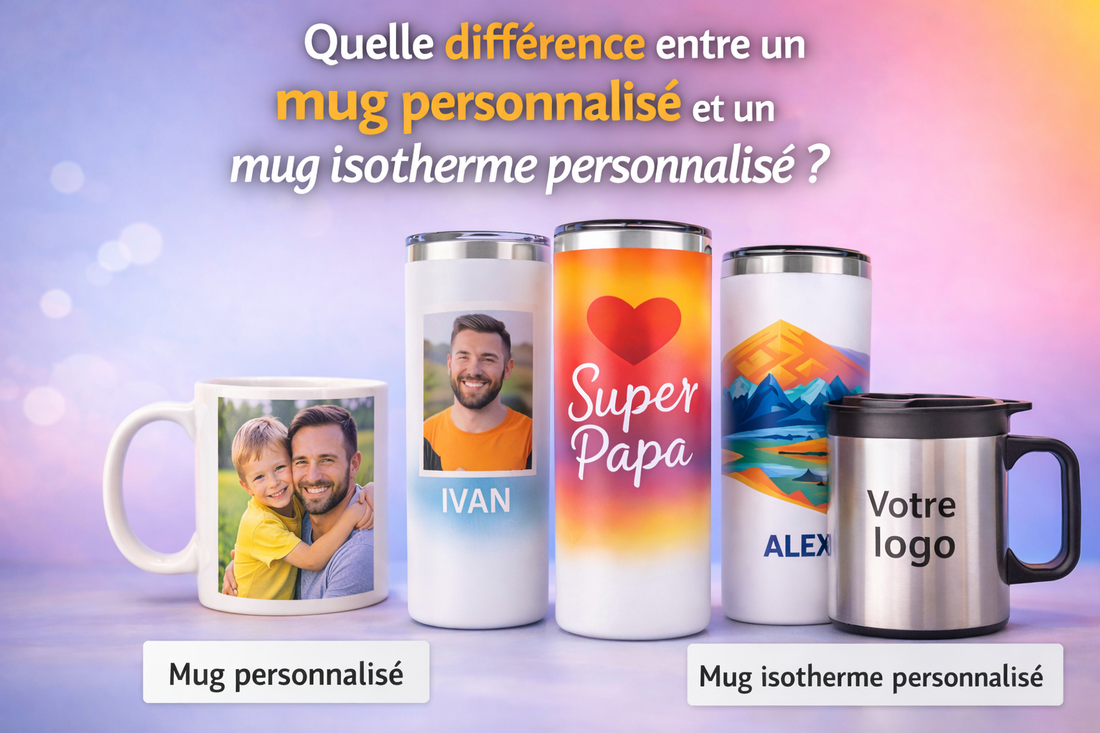 Comparatif entre un mug personnalisé en céramique avec photo et plusieurs mugs isothermes personnalisés sur fond dégradé, avec le titre sur la différence entre mug personnalisé et mug isotherme personnalisé