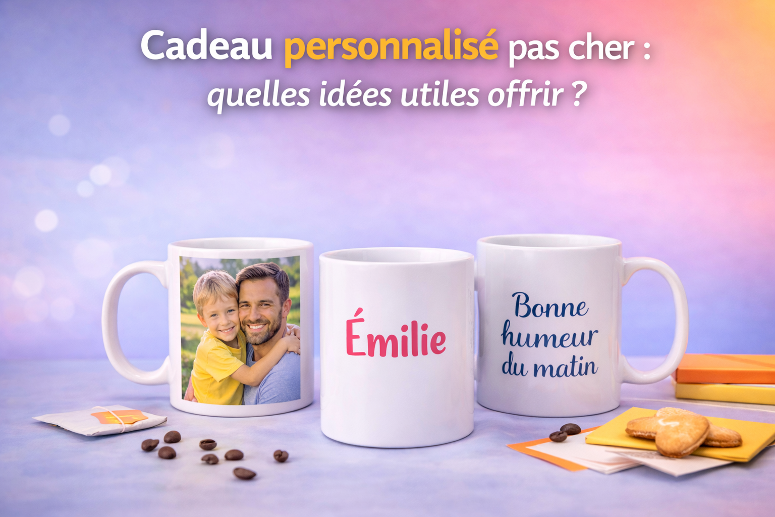 Trois mugs personnalisés sur fond dégradé pastel : un mug photo avec un père et son enfant, un mug prénom Émilie et un mug avec le texte Bonne humeur du matin, accompagnés de café, sachet de thé et biscuits