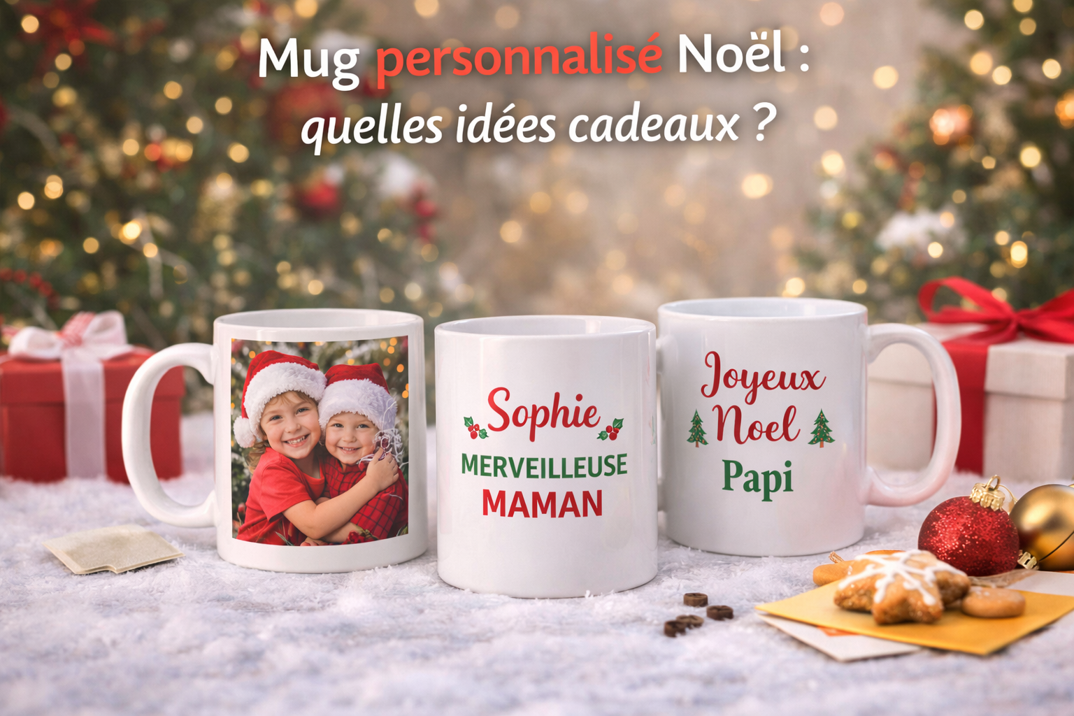 Trois mugs personnalisés de Noël posés sur un décor enneigé : un mug photo avec deux enfants en bonnet rouge, un mug Sophie merveilleuse maman et un mug Joyeux Noël Papi, avec cadeaux et décorations de fêtes