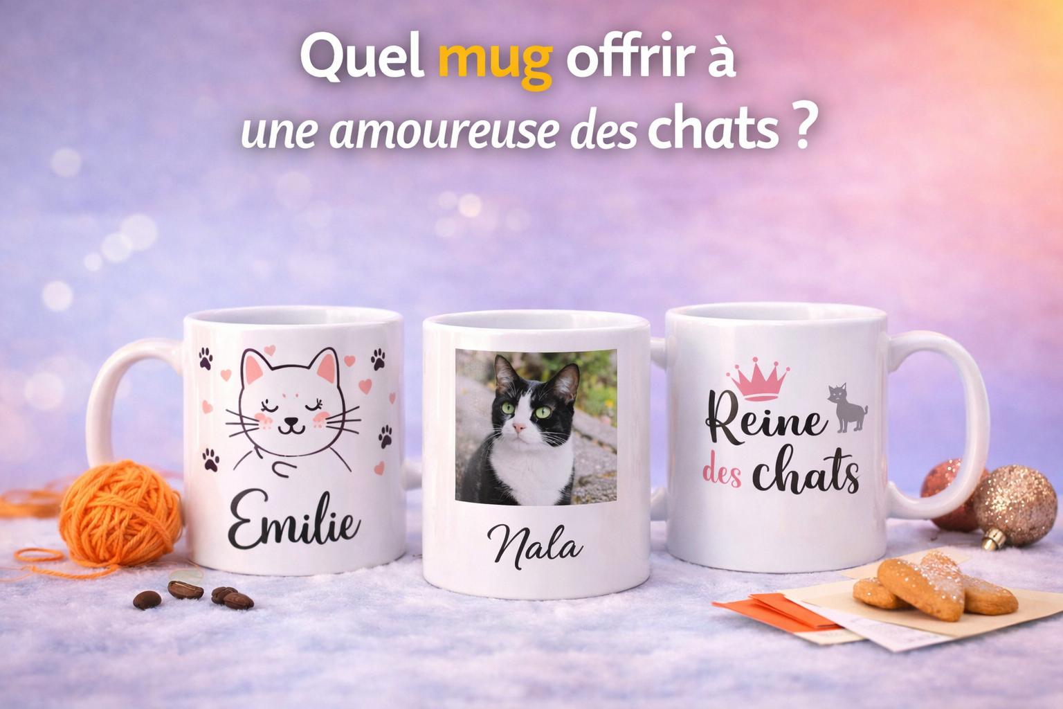 Trois mugs sur le thème des chats sur fond pastel : un mug illustré avec chat et prénom Émilie, un mug photo avec portrait de chat et nom Nala, et un mug avec le texte Reine des chats