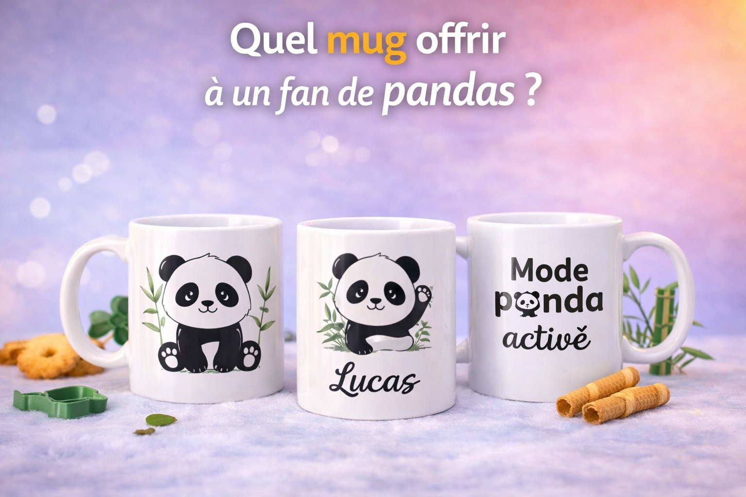 Trois mugs sur le thème des pandas sur fond pastel : un mug illustré avec panda assis, un mug panda personnalisé avec le prénom Lucas et un mug avec le texte Mode panda activé