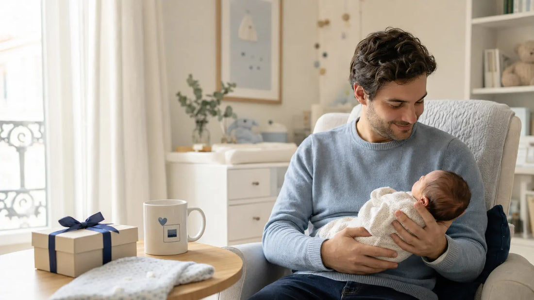 Jeune papa tenant son nouveau-né près d’un mug personnalisé offert pour une naissance