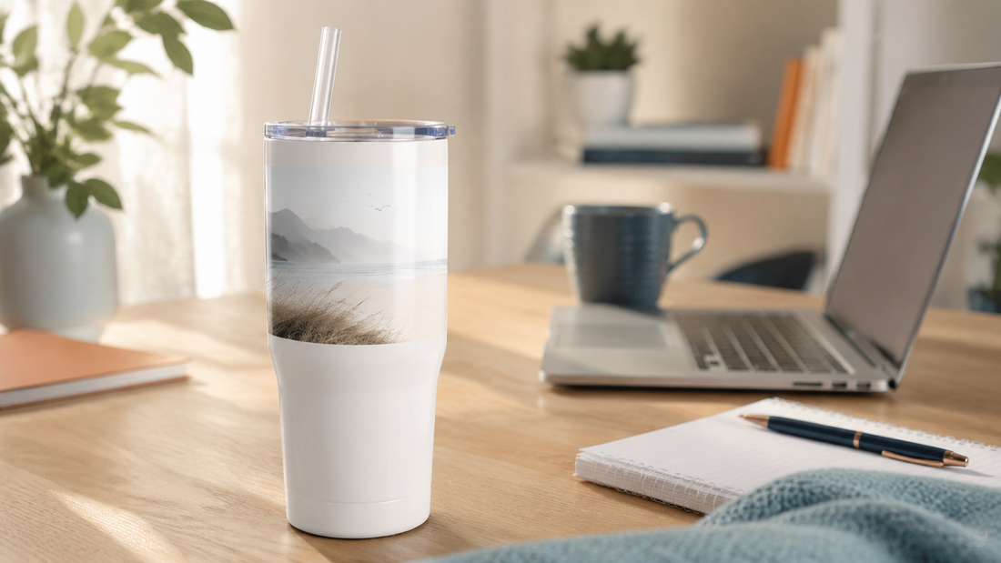 Mug isotherme personnalisé en inox avec couvercle et paille, posé sur un bureau lumineux