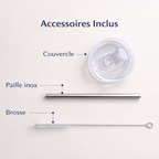 Image représentant les accessoires vendu avec le mug isotherme (couvercle étanche, paille en inox et une brosse de nettoyage)