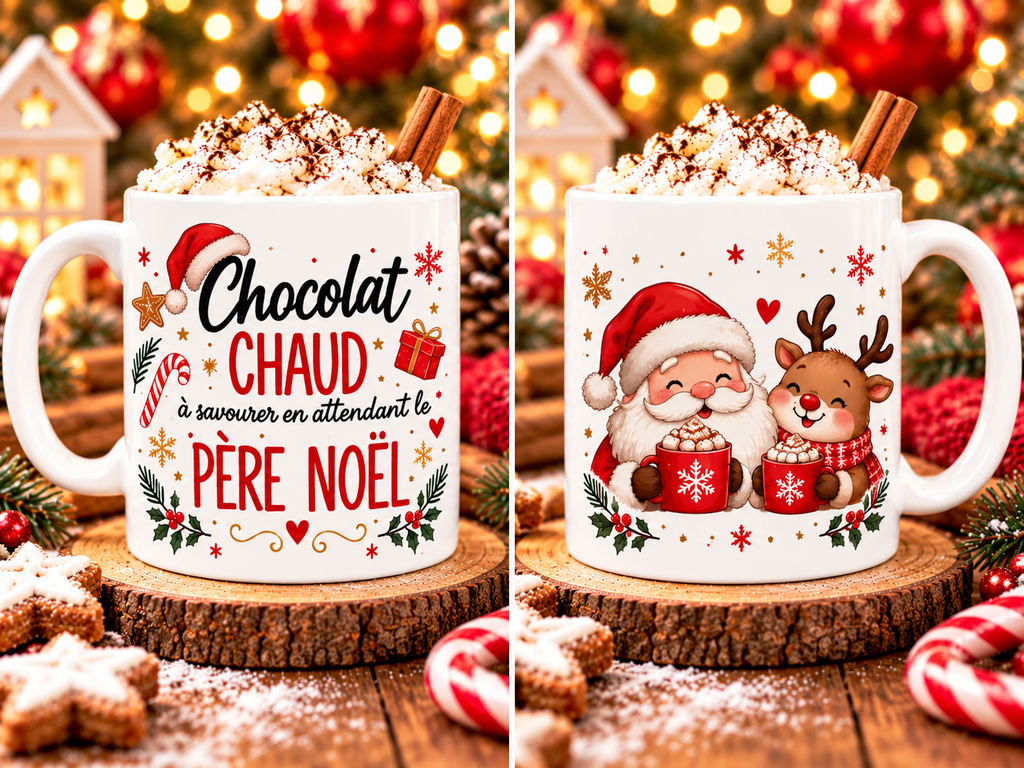 Mug de Noël Chocolat Chaud – Père Noël et Renne, Tasse en Céramique 325 ml
