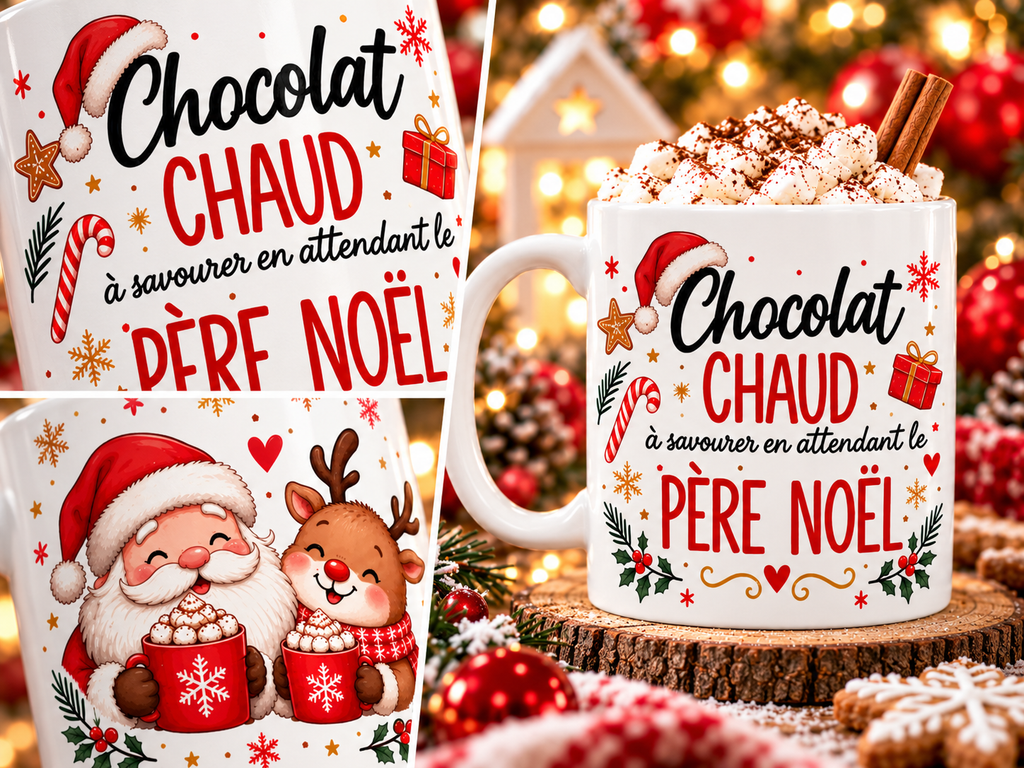 Mug de Noël Chocolat Chaud – Père Noël et Renne, Tasse en Céramique 325 ml