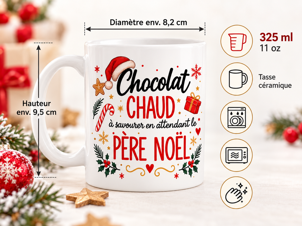 Mug de Noël Chocolat Chaud – Père Noël et Renne, Tasse en Céramique 325 ml