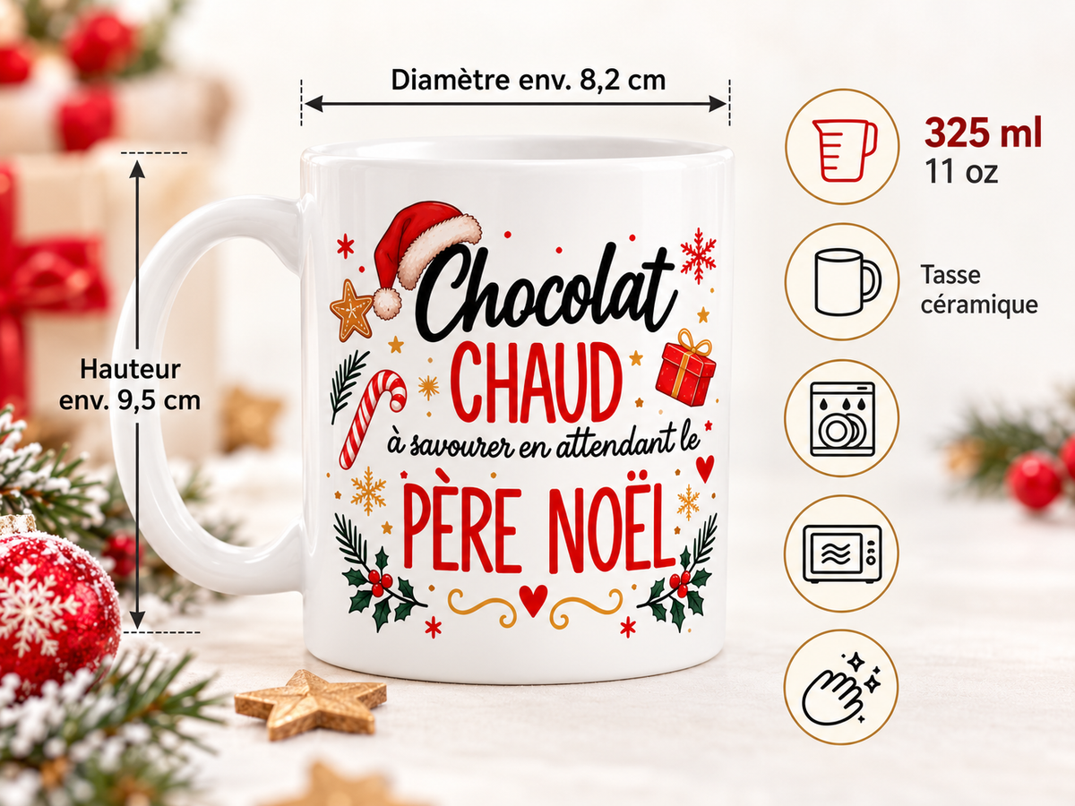 Mug de Noël Chocolat Chaud – Père Noël et Renne, Tasse en Céramique 325 ml