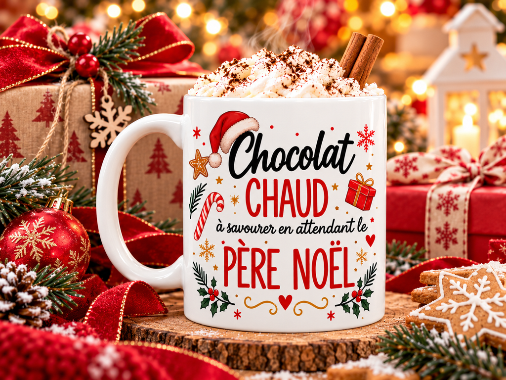 Mug de Noël Chocolat Chaud – Père Noël et Renne, Tasse en Céramique 325 ml