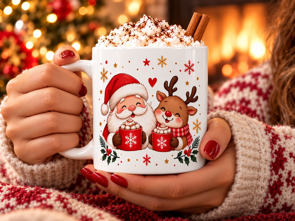 Mug de Noël Chocolat Chaud – Père Noël et Renne, Tasse en Céramique 325 ml