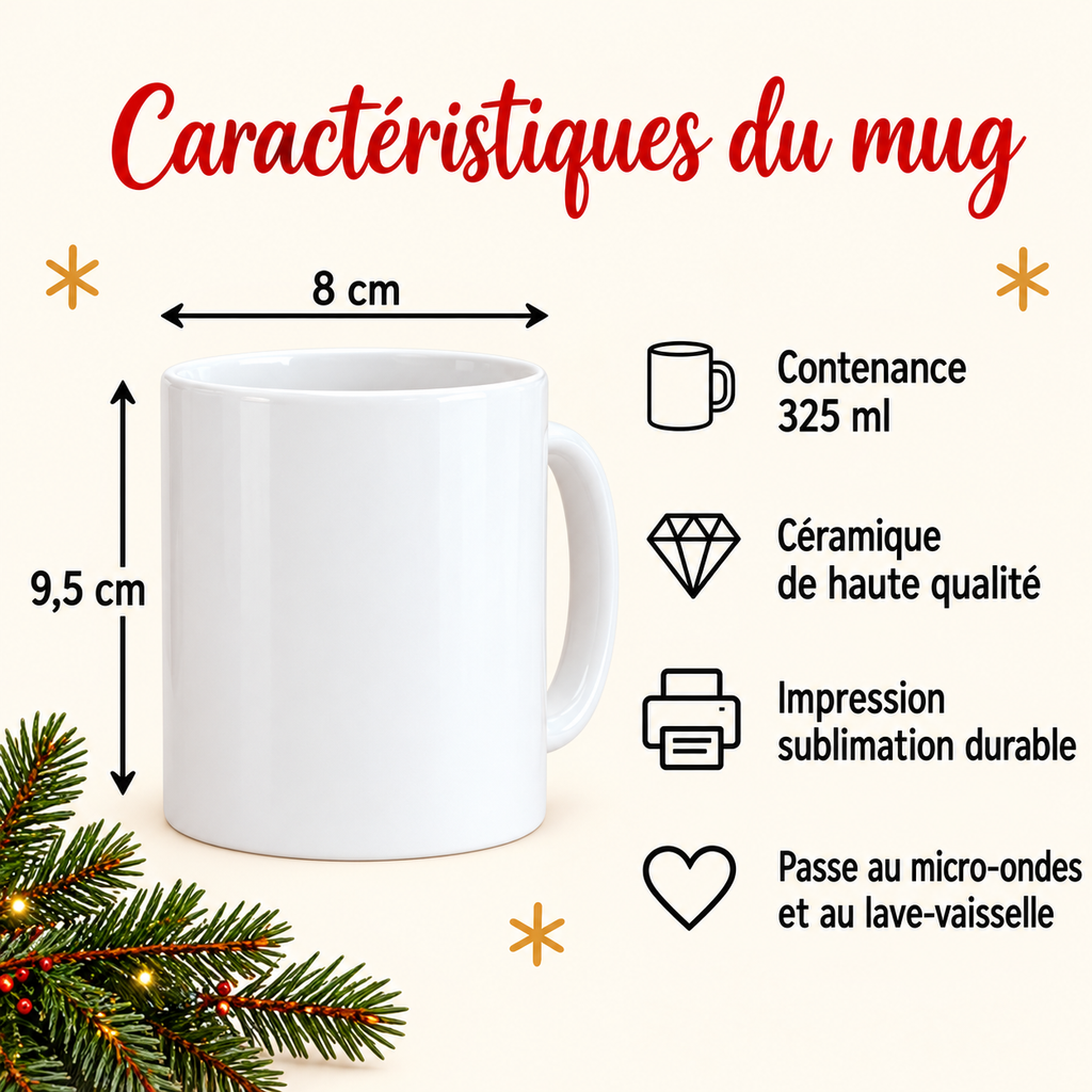 Mug de Noël personnalisé en céramique blanche de 325 ml, dimensions 9,5 cm de hauteur et 8 cm de diamètre. Tasse de qualité avec finition brillante, impression par sublimation durable, compatible avec le micro-ondes et le lave-vaisselle. Idéal comme cadeau de Noël personnalisé.