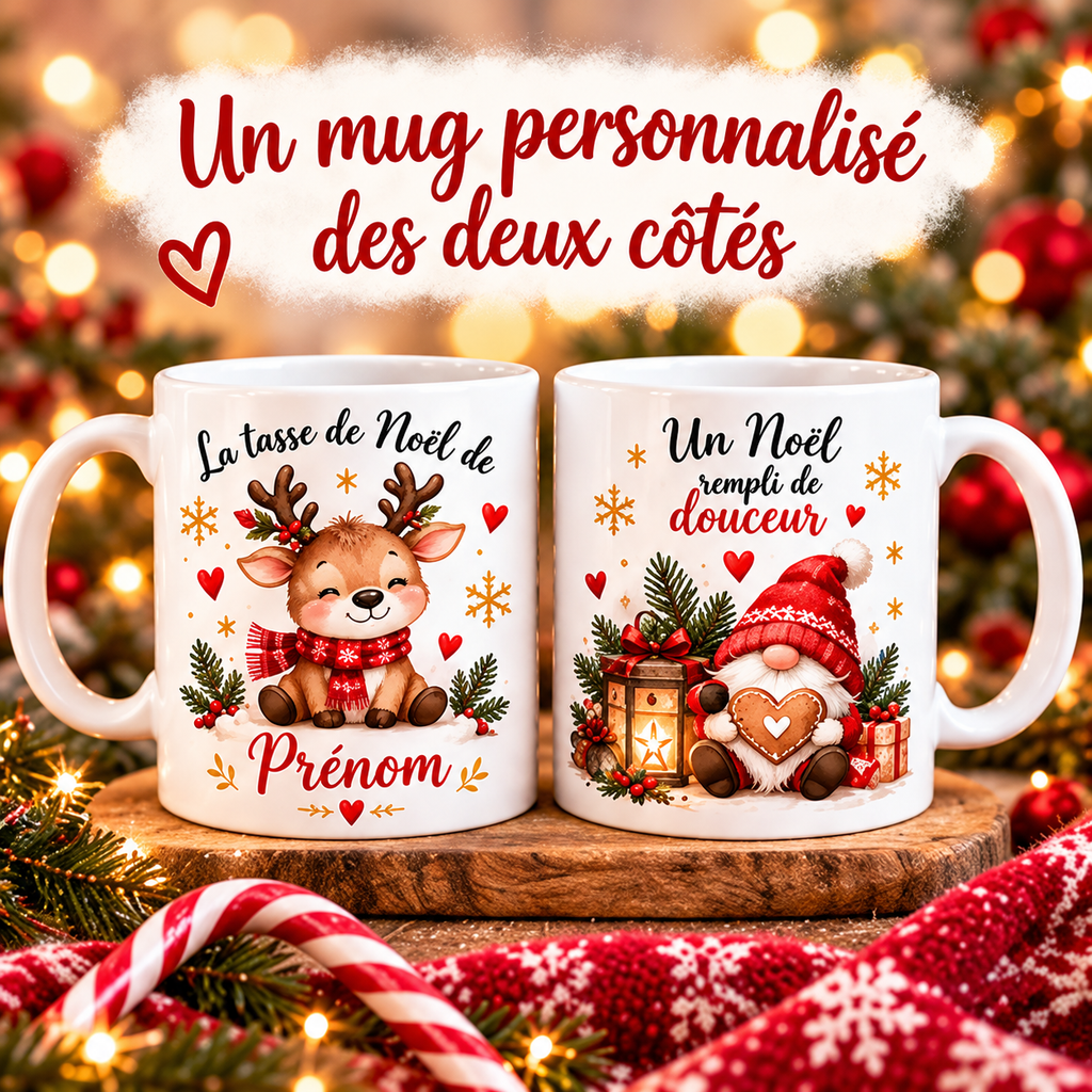 Un mug de Noël personnalisé avec prénom, imprimé des deux côtés, illustré d’un adorable renne et d’un lutin de Noël, sur une tasse en céramique blanche. Une idée cadeau de Noël originale et pleine de douceur.