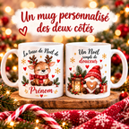 Un mug de Noël personnalisé avec prénom, imprimé des deux côtés, illustré d’un adorable renne et d’un lutin de Noël, sur une tasse en céramique blanche. Une idée cadeau de Noël originale et pleine de douceur.