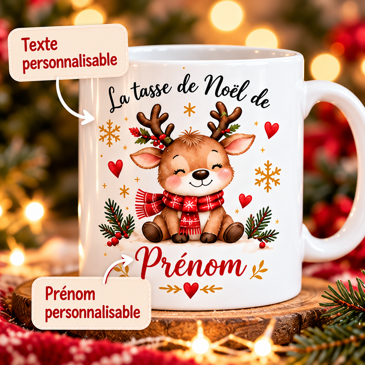 Mug de Noël personnalisé avec prénom – Renne & Lutin