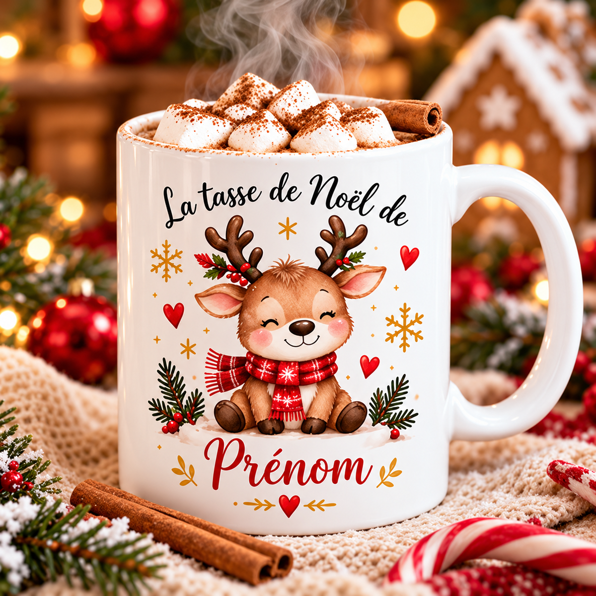Mug de Noël personnalisé avec prénom, illustré d’un adorable renne portant une écharpe rouge, rempli de chocolat chaud, de chantilly et de guimauves. Une tasse en céramique blanche idéale pour savourer une boisson chaude pendant les fêtes. Une idée cadeau de Noël personnalisée, originale et pleine de douceur.