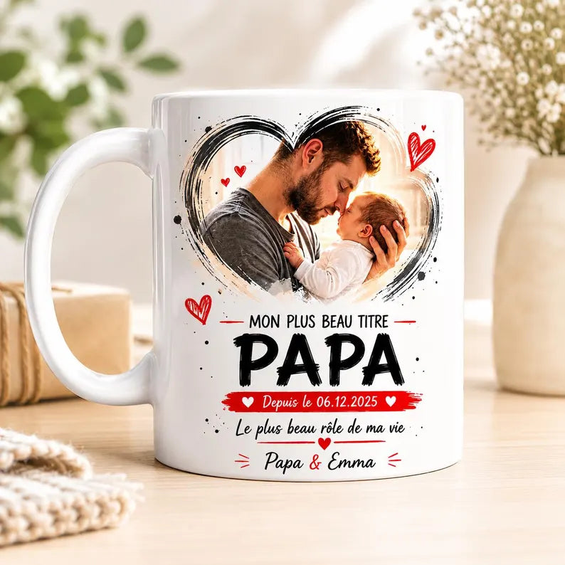 Mug personnalisé Papa avec photo, date & prénoms – Cadeau Fête des Pères