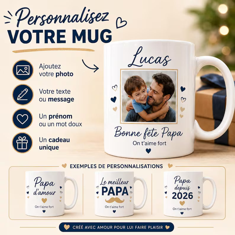 Mug personnalisé photo Fête des Pères – Prénom & message pour Papa