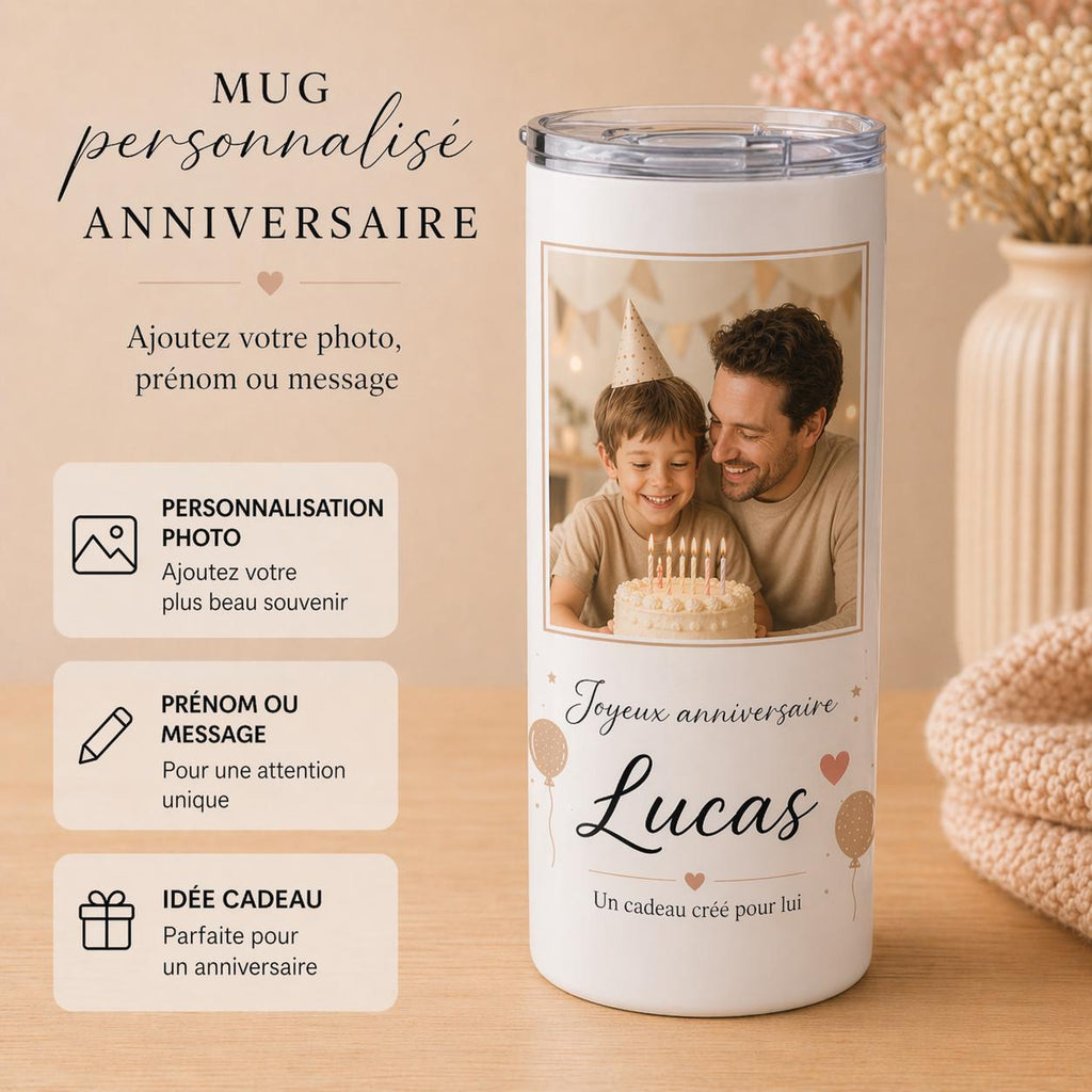 Mug Isotherme Personnalisé Photo Prénom Texte, Tumbler Inox Personnalisable, Cadeau Bureau Voyage, Travel Mug Café, Cadeau Papa