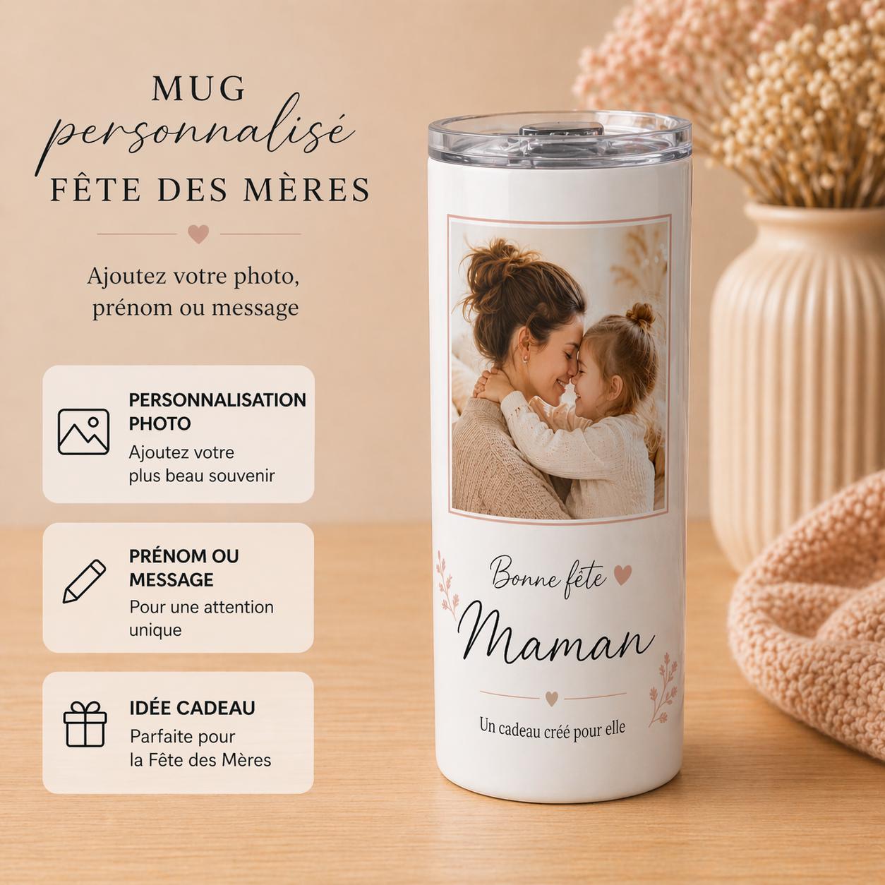 Mug Isotherme Personnalisé Photo Prénom Texte, Tumbler Inox Personnalisable, Cadeau Bureau Voyage, Travel Mug Café, Cadeau Papa