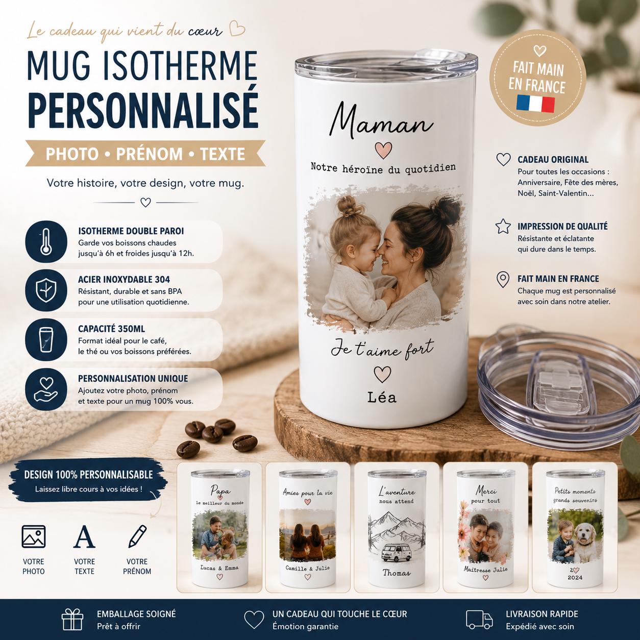 Mug isotherme personnalisé avec prénom et texte, idée cadeau utile