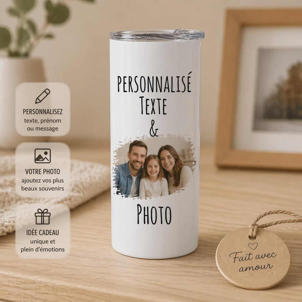 Mug isotherme personnalisé avec photo, prénom et texte sur tasse inox 350 ml