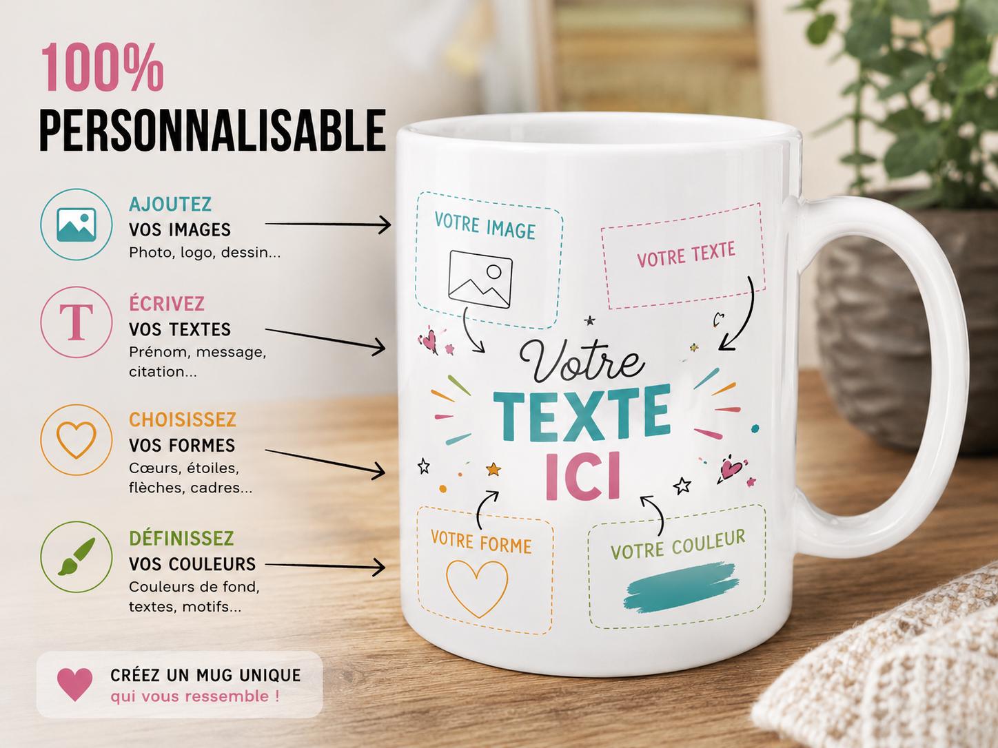 Mug Personnalisé Photo Prénom Texte, Cadeau Fête des Mères, Tasse Photo Famille, Mug Céramique Maman Papa, Cadeau Anniversaire