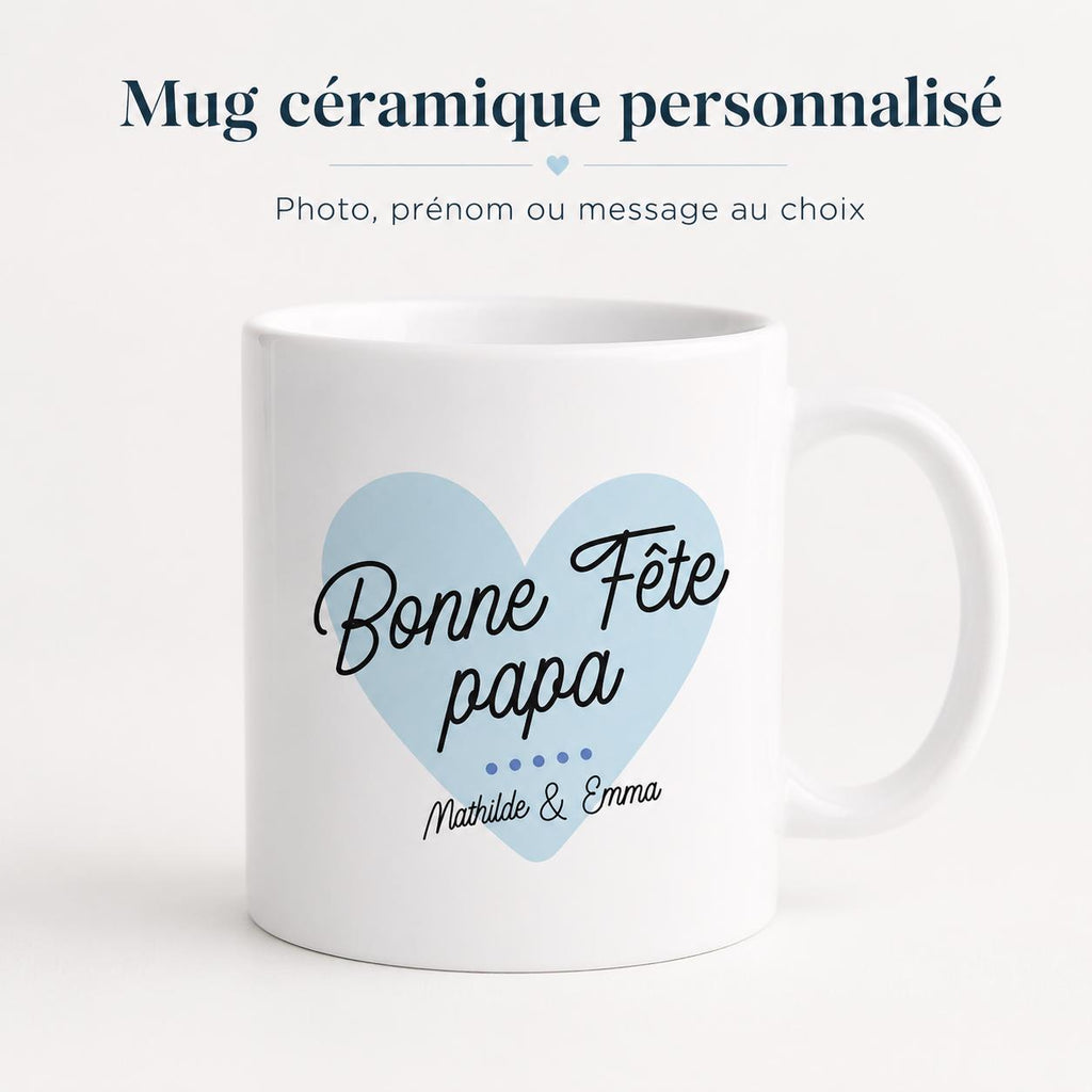 Mug papa personnalisé en céramique blanche avec prénoms, cadeau Fête des Pères tendre et original